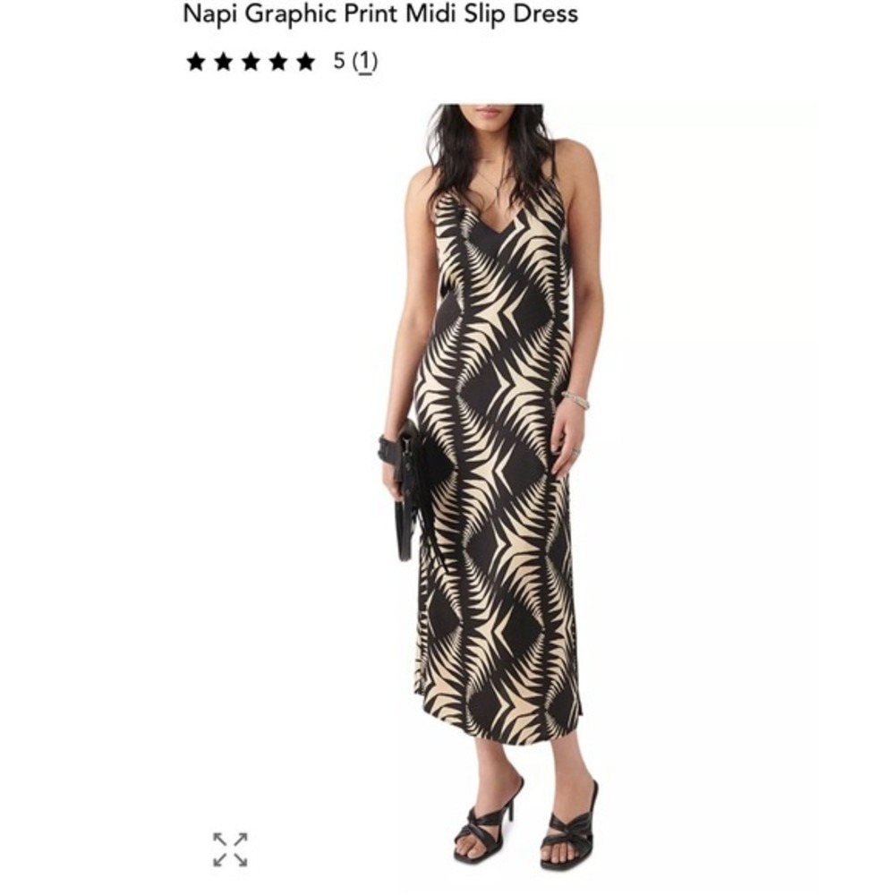 ba&sh Napi Graphic Print Midi Slip Dress Noir Black‎ Cream Size 1/ US 4 - Picture 2 of 9